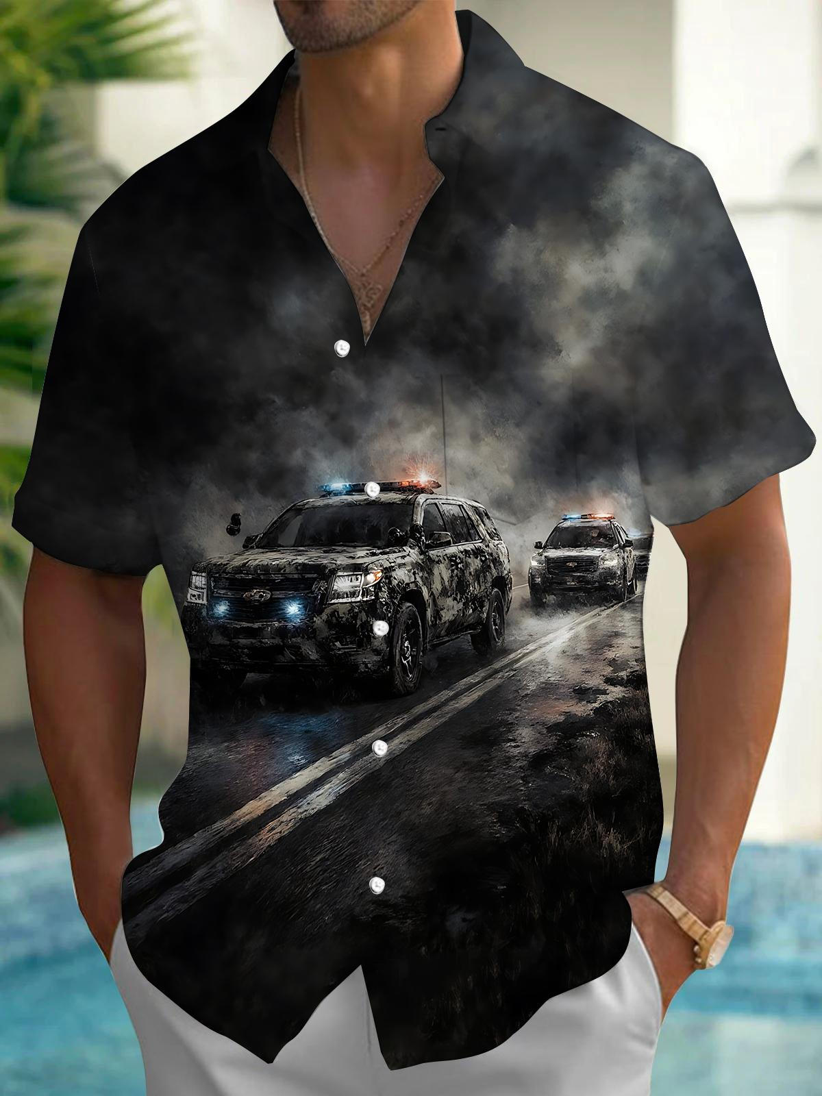 Police Car Print Men's Pocket Short Sleeve Shirts