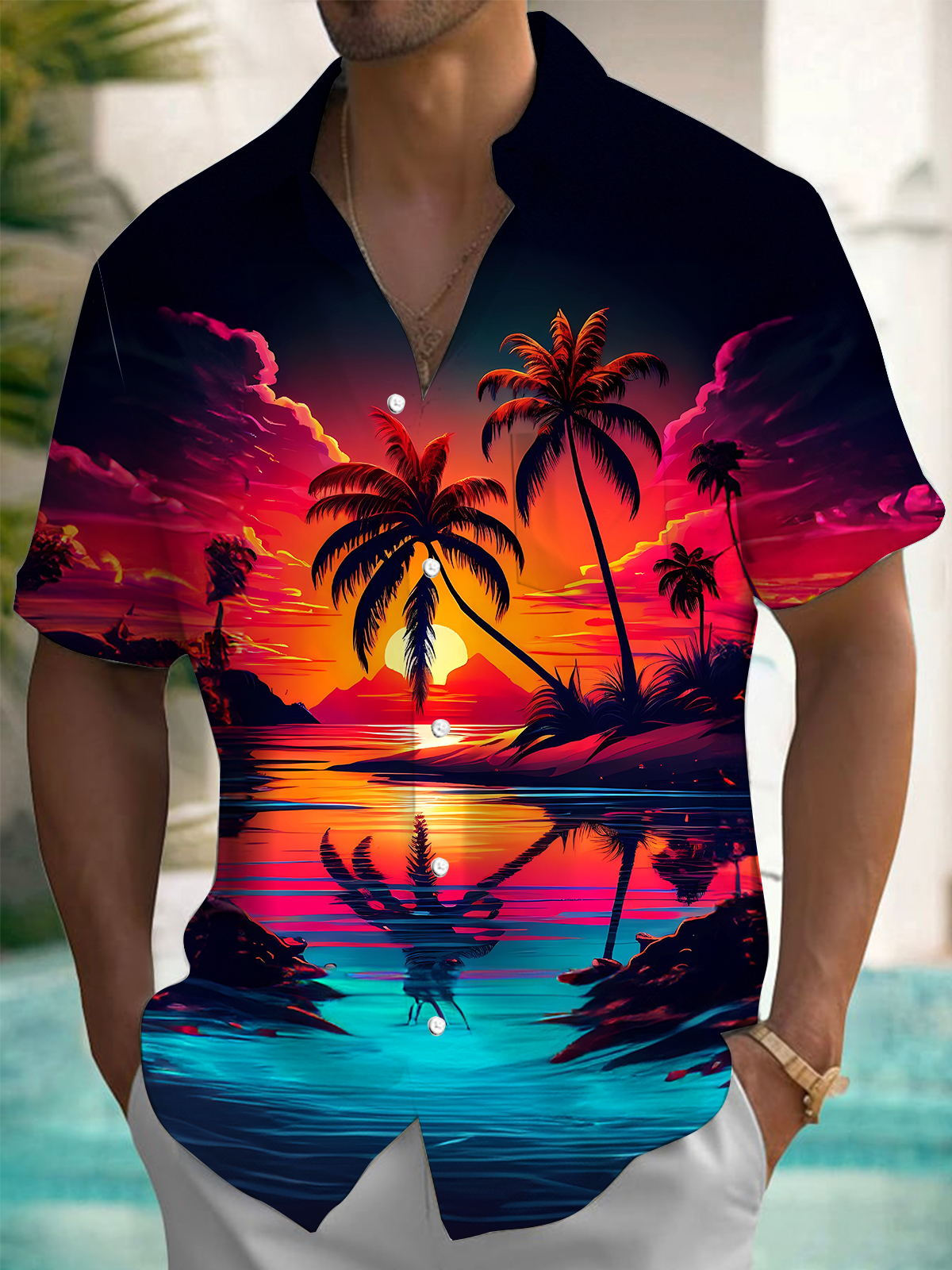 Coconut Tree Print Men's Pocket Short Sleeve Shirts