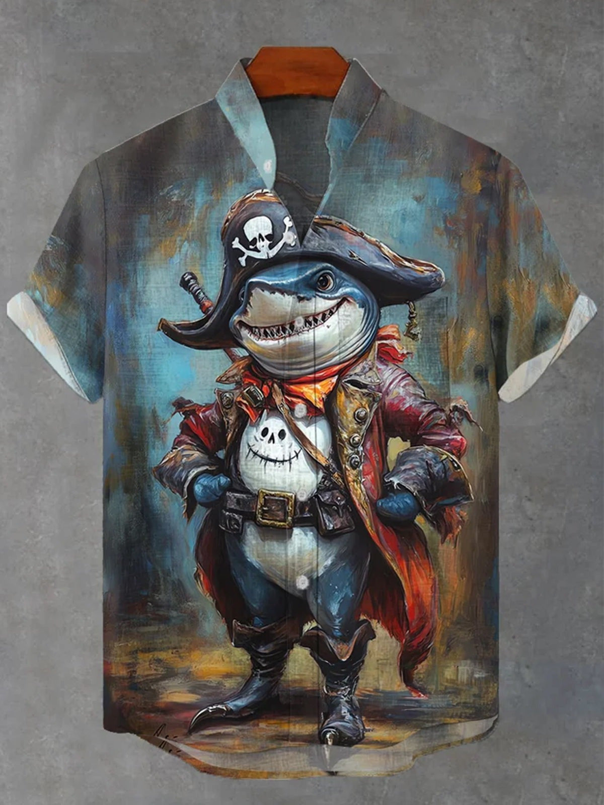 Shark Pirate Print Men's Pocket Short Sleeve Stand Collar Shirts