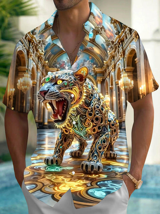 Men's cheetah print short sleeve pocket shirt front view