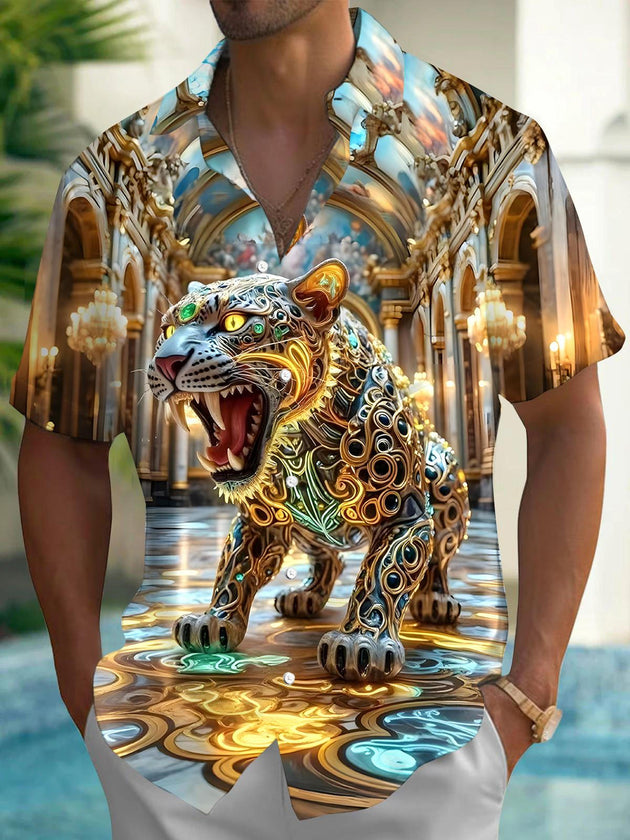 Men's cheetah print short sleeve pocket shirt front view