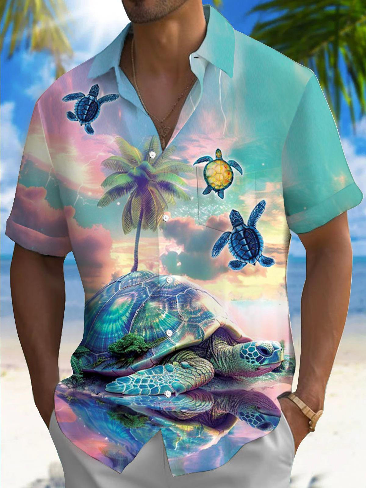 Turtle Print Men's Pocket Short Sleeve Shirts