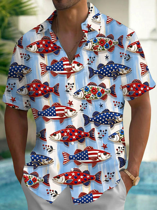Independence Day American Flag Fish Print Men's Pocket Short Sleeve Shirts