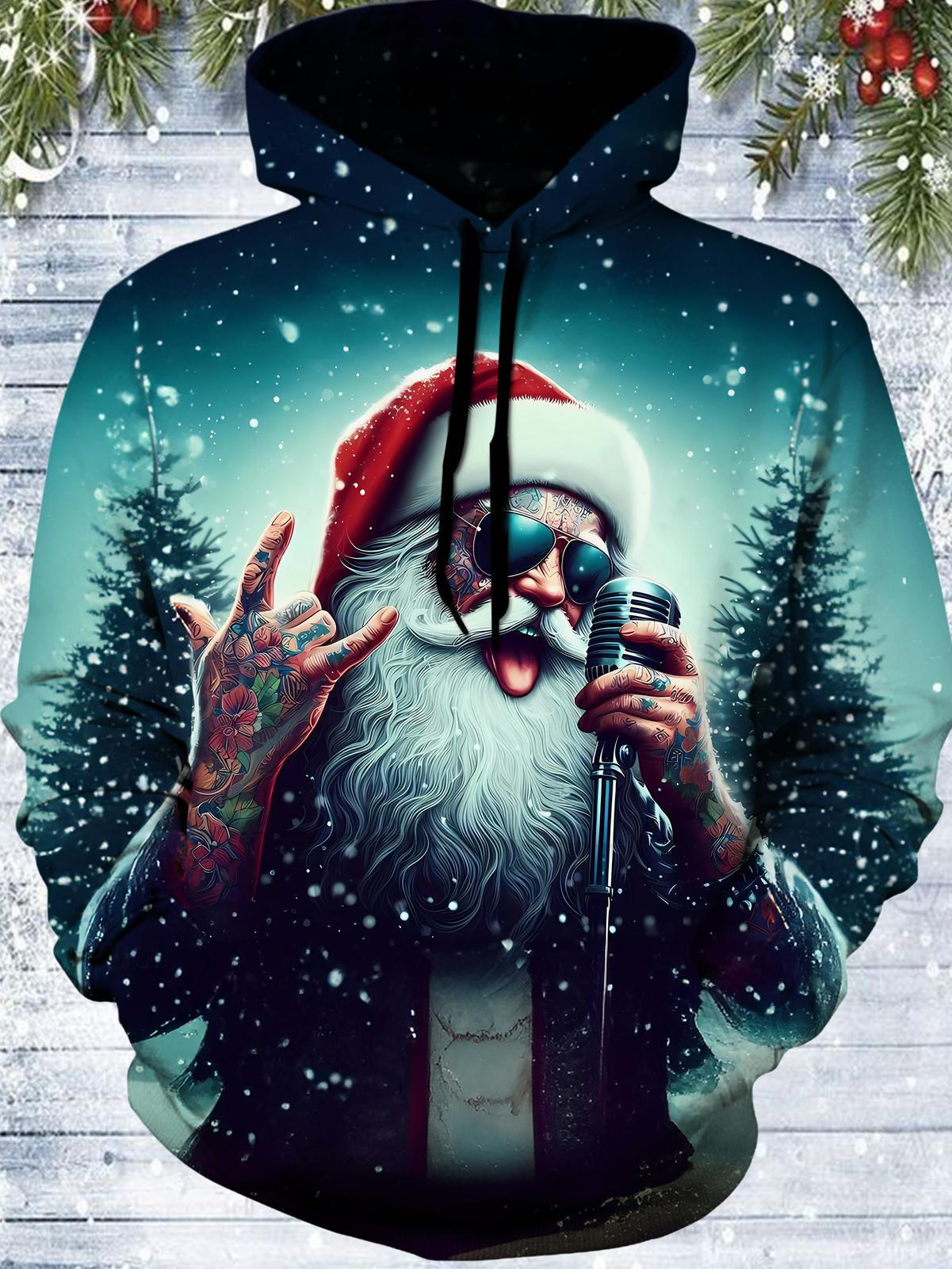 Rock Christmas Santa Long Sleeve Hooded Pocket Men's Top