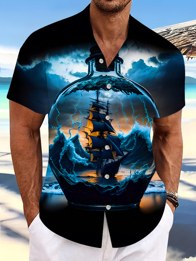 Men's dark blue wave print short sleeve shirt front view