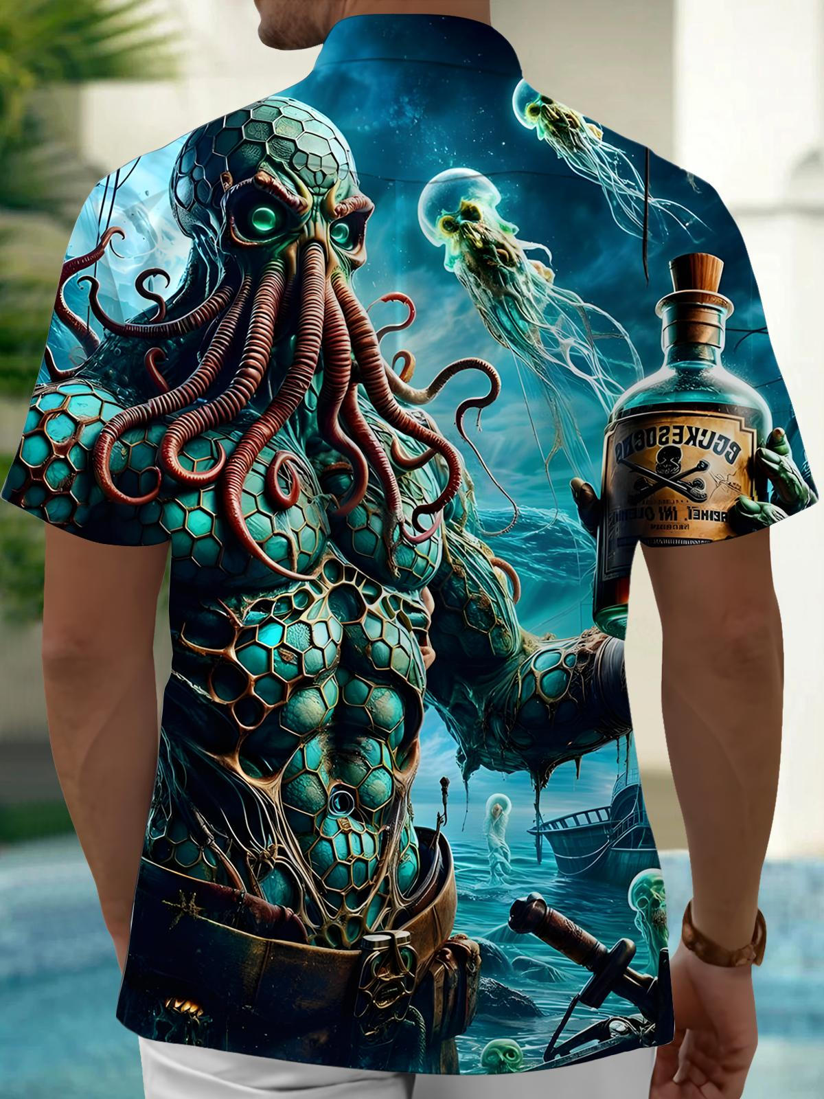 Octopus Pirate Print Men's Pocket Short Sleeve Shirts