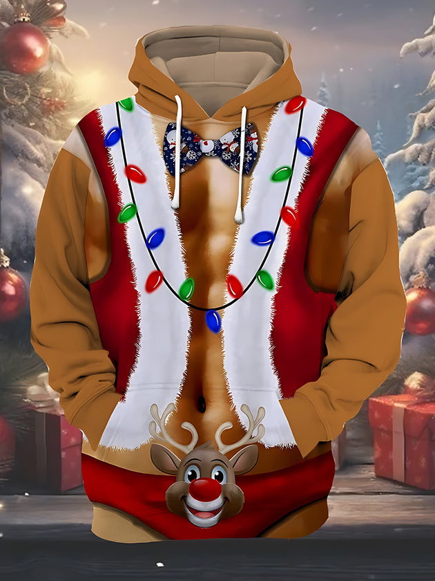 Men's Christmas print long sleeve hoodie front view for holiday party