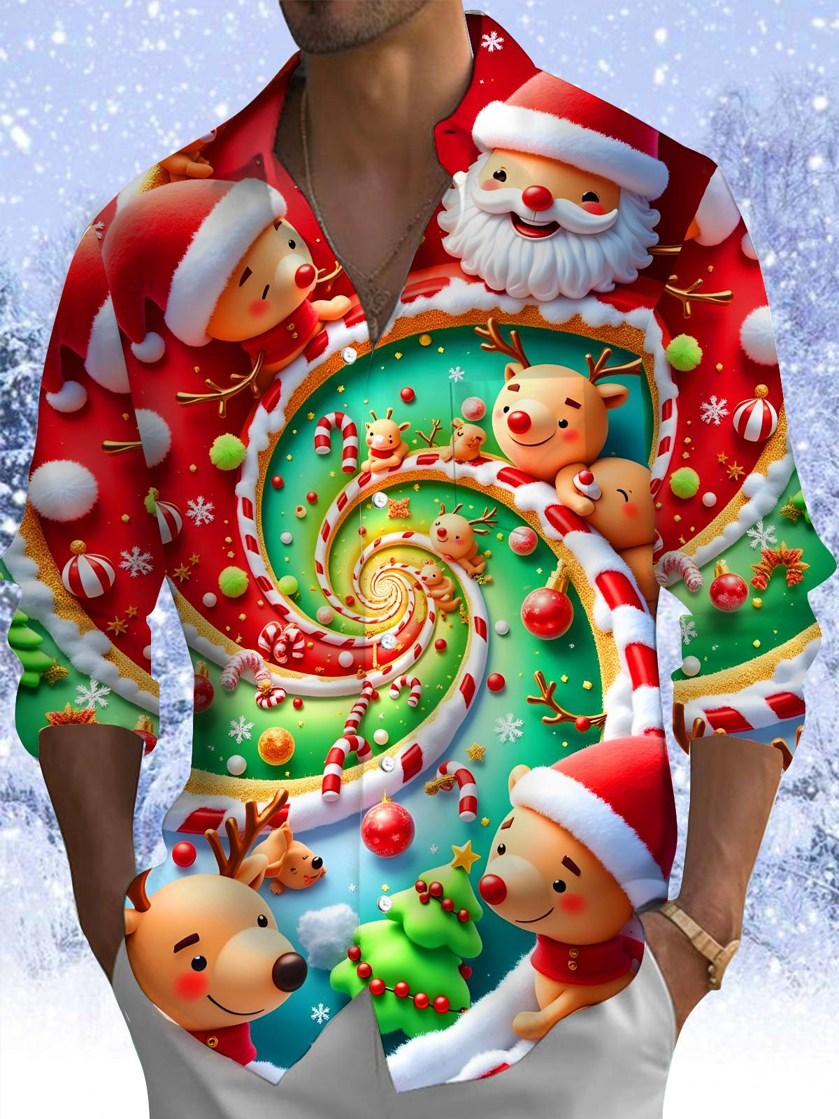 Funny Santa Claus Elk Swirl Xmas Men's Pocket Long Sleeve Shirts