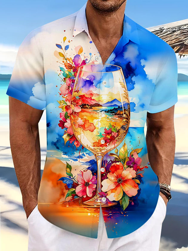 Art Watercolor Wine Glass Island Flower Beach Vacation Men's Pocket Short Sleeve Shirts