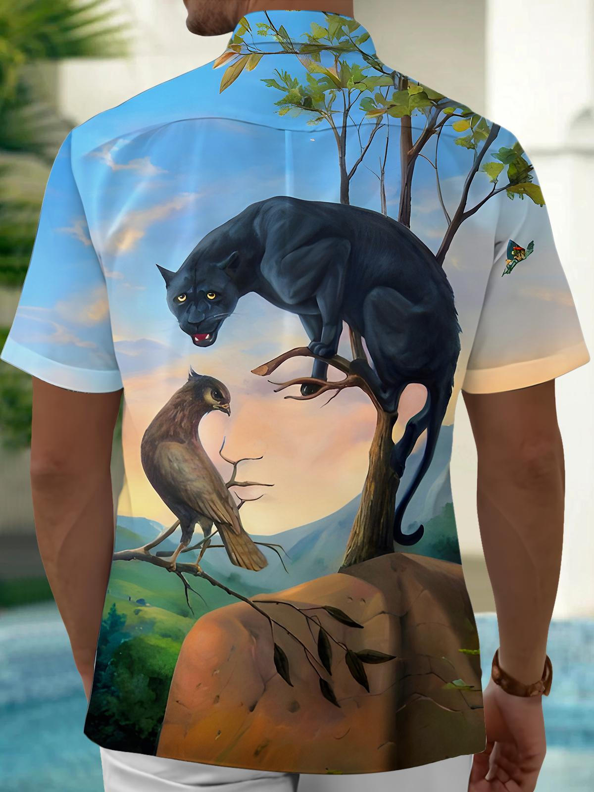 Fun Art Black Panther Eagle Bird Human Face Men's Pocket Short Sleeve Shirts