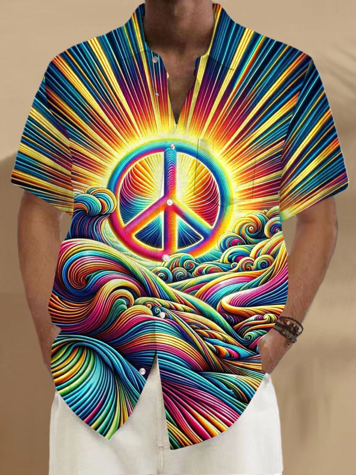 Hippie Peace Sign Print Men's Pocket Short Sleeve Shirts