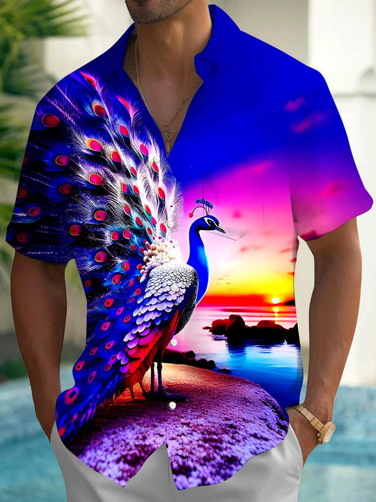 men's peacock print shirt front view