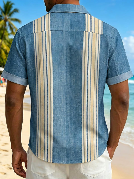 Hawaiian Striped Hibiscus Flower Men's Pocket Short Sleeve Shirts