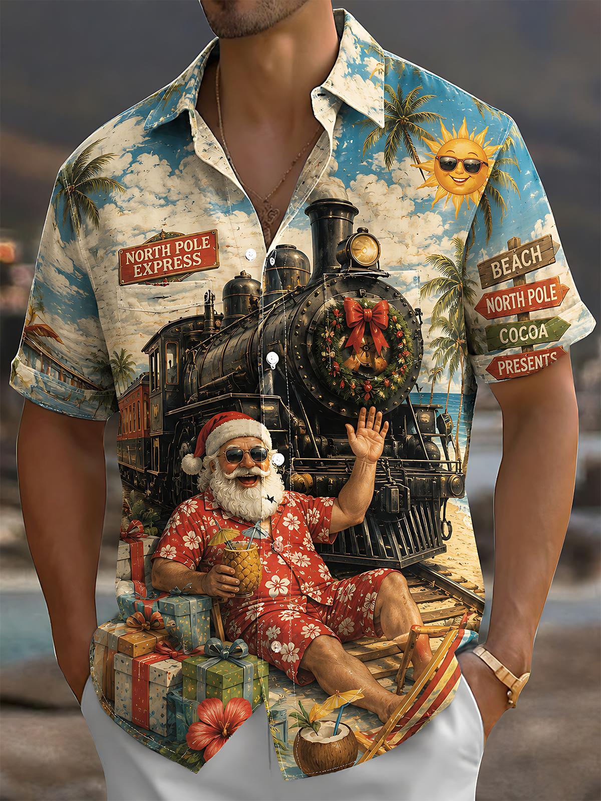 Retro Summer Christmas Santa Claus Train Men's Pocket Short Sleeve Shirts