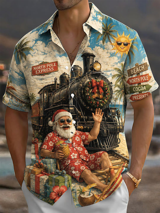 Retro Summer Christmas Santa Claus Train Men's Pocket Short Sleeve Shirts