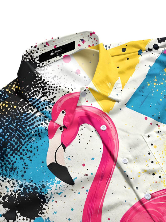 Men's flamingo pattern pocket short sleeve shirt flat lay