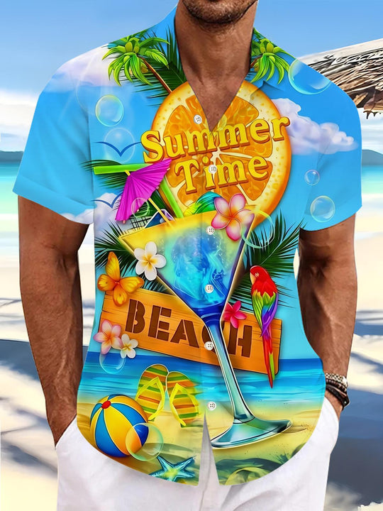 Hawaiian Summer Beach Cocktail Parrot Floral Vacation Men's Pocket Short Sleeve Shirts
