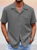 Blue Men's Cuban Collar Short Sleeve Shirt With Pocket