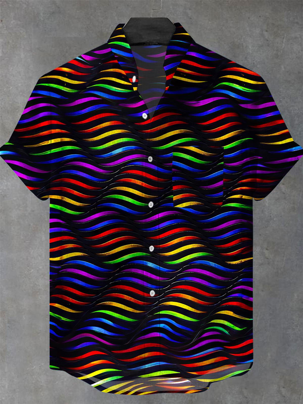 Rainbow Geometric Line Men's Pocket Short Sleeve Stand Collar Shirts