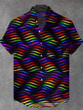 Rainbow Geometric Line Men's Pocket Short Sleeve Stand Collar Shirts