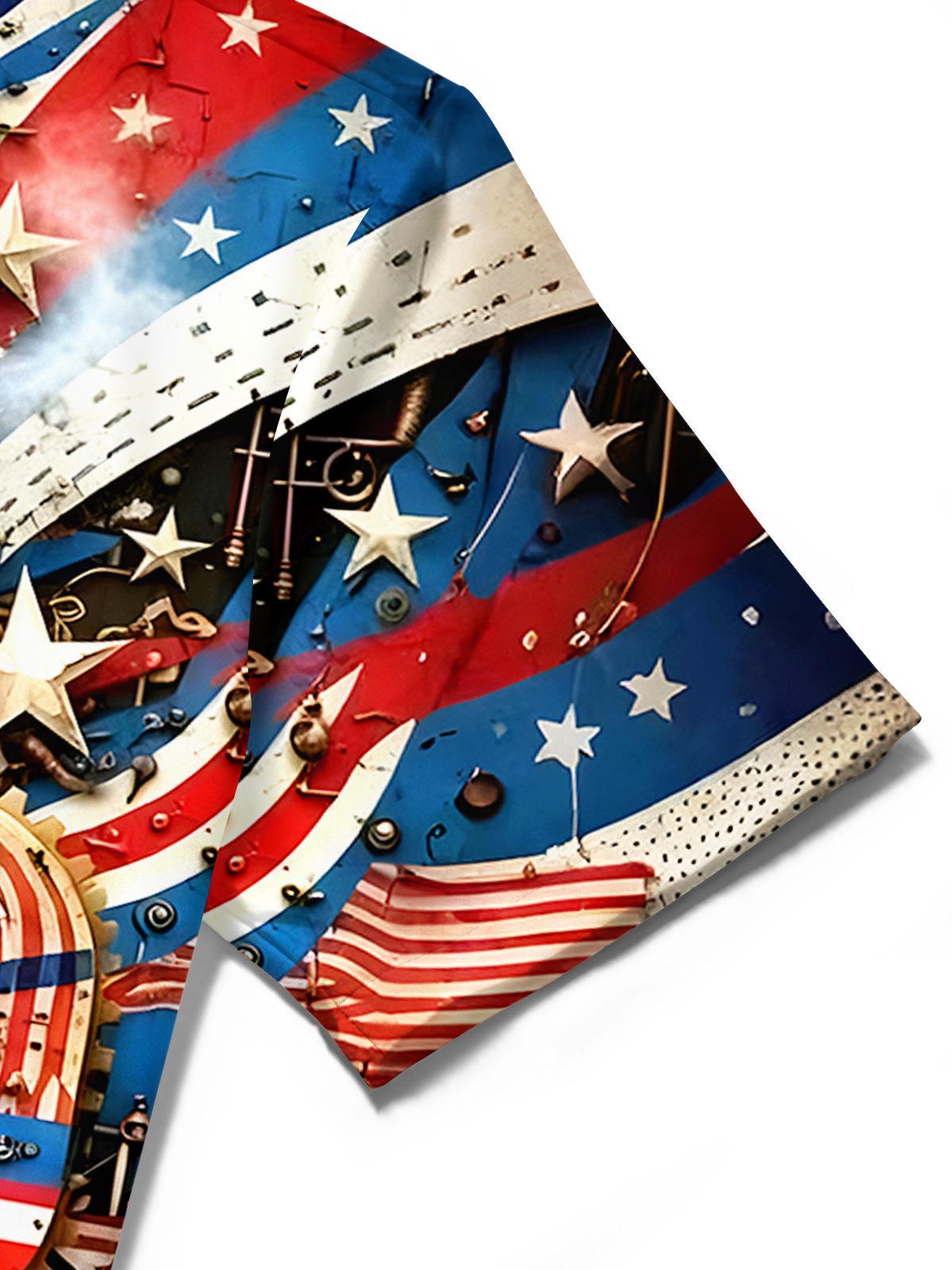men's American flag print shirt close-up short sleeve