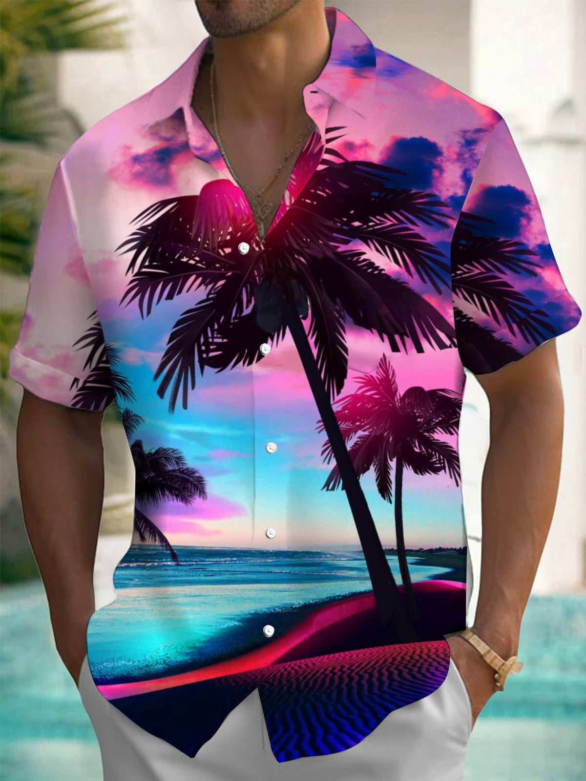 Hawaiian Coconut Tree Print Men's Pocket Short Sleeve Shirts