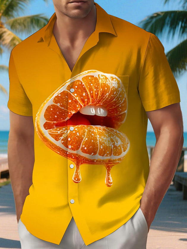 Fun Orange Lips Orange Fruit Men's Pocket Short Sleeve Shirts