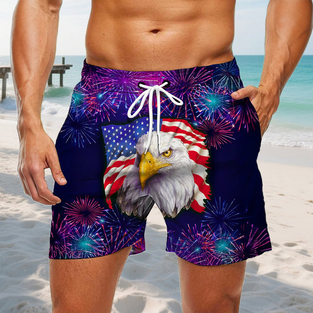 Men casual American flag print board shorts front view for Independence Day