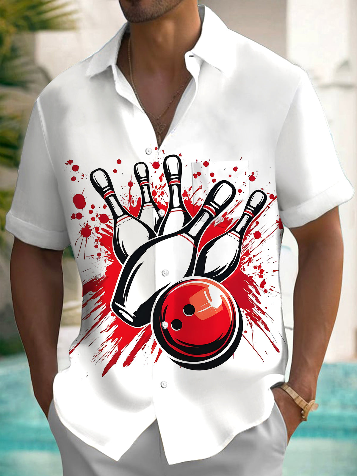 Bowling Print Men's Pocket Short Sleeve Shirts