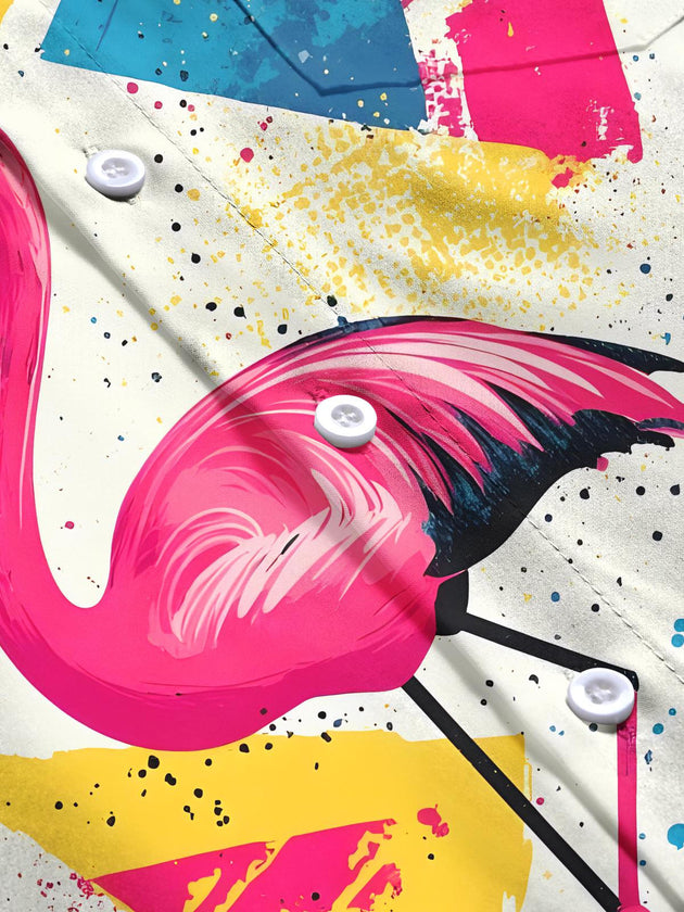 men's flamingo print shirt close-up short sleeve