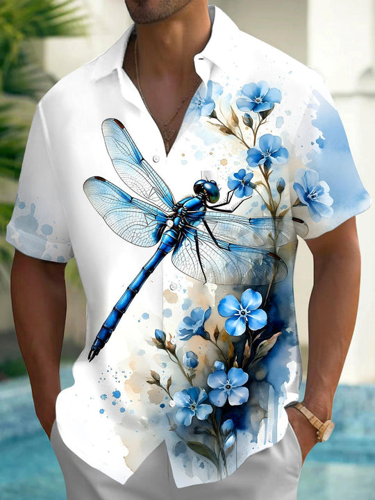 Dragonfly Floral Men's Pocket Short Sleeve Shirts