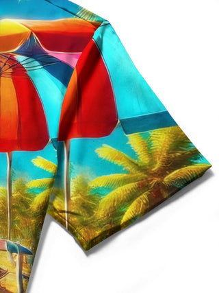 Men's Hawaiian beach print pocket short sleeve shirt lifestyle view at seaside vacation