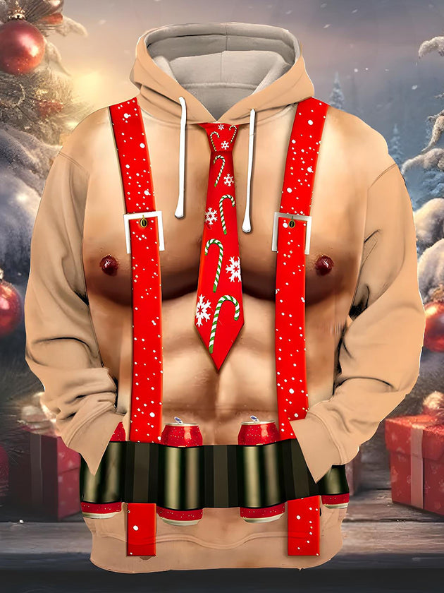 Men's funny festive graphic pullover hoodie front view for Christmas holiday party