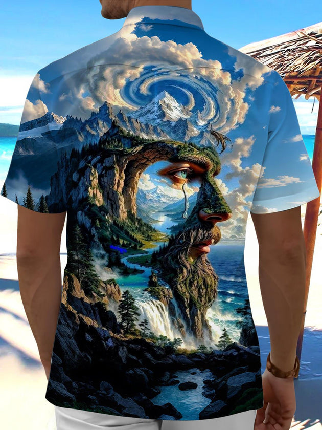 Men's blue ocean print short sleeve shirt back view