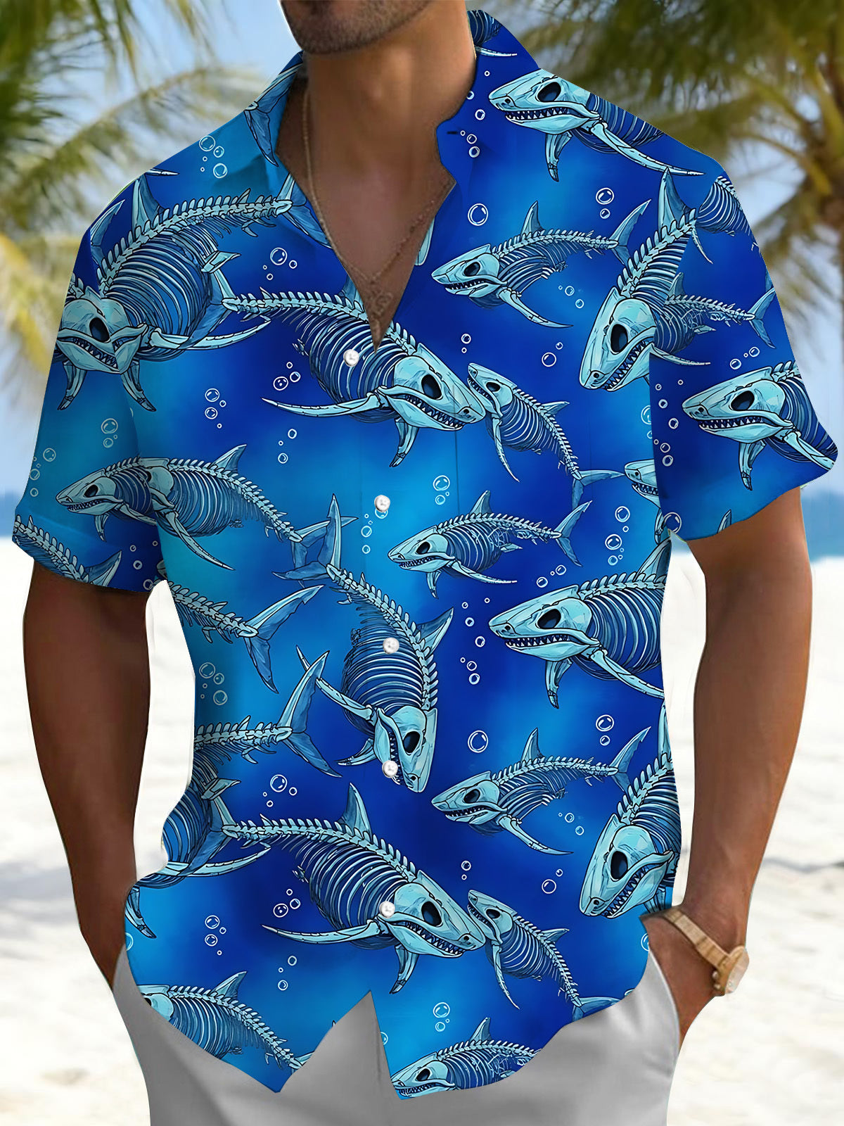 men's shark print shirt front view