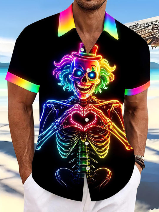 Fun Colorful Neon Clown Skeleton Heart Gesture Men's Pocket Short Sleeve Shirts