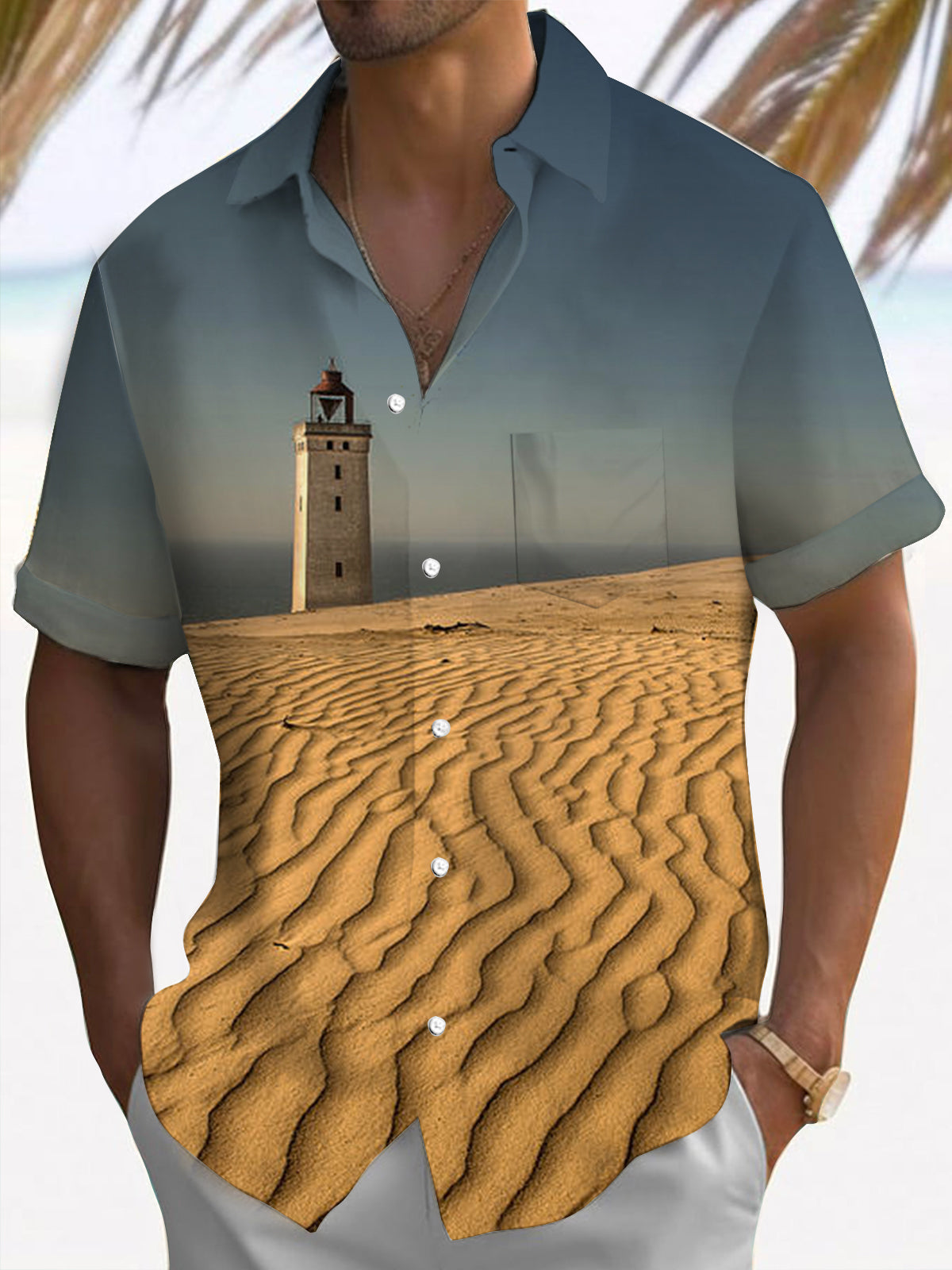 Desert Lighthouse Print Men's Pocket Short Sleeve Shirts