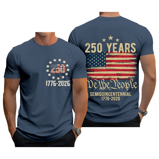 Men relaxed American flag print short sleeve graphic tee lifestyle front view for Independence Day