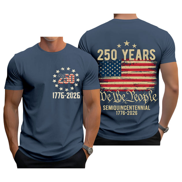 Men relaxed American flag print short sleeve graphic tee lifestyle front view for Independence Day