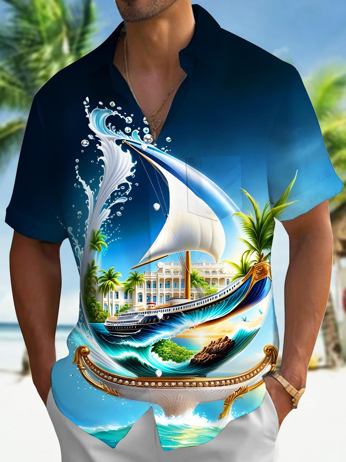 Hawaiian Coconut Art Boat Men's Pocket Short Sleeve Shirts