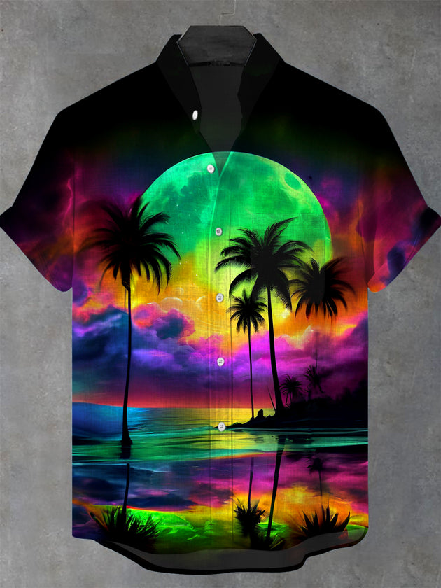Men's Hawaiian Coconut Tree Pocket Short Sleeve Stand Collar Shirt Front View for Tropical Beach Vacation