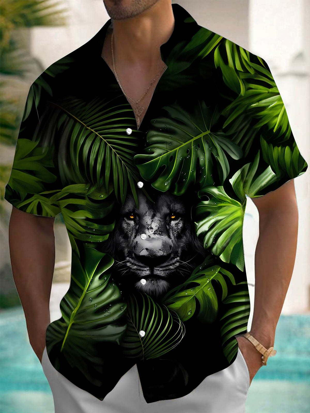 Leaf Tiger Print Men's Pocket Short Sleeve Shirts