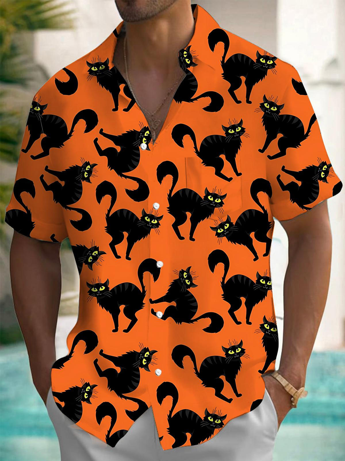 Halloween Black Cat Men's Pocket Short Sleeve Shirts