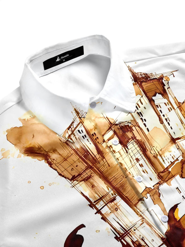 Men's short sleeve shirt with guitar watercolor print, side view