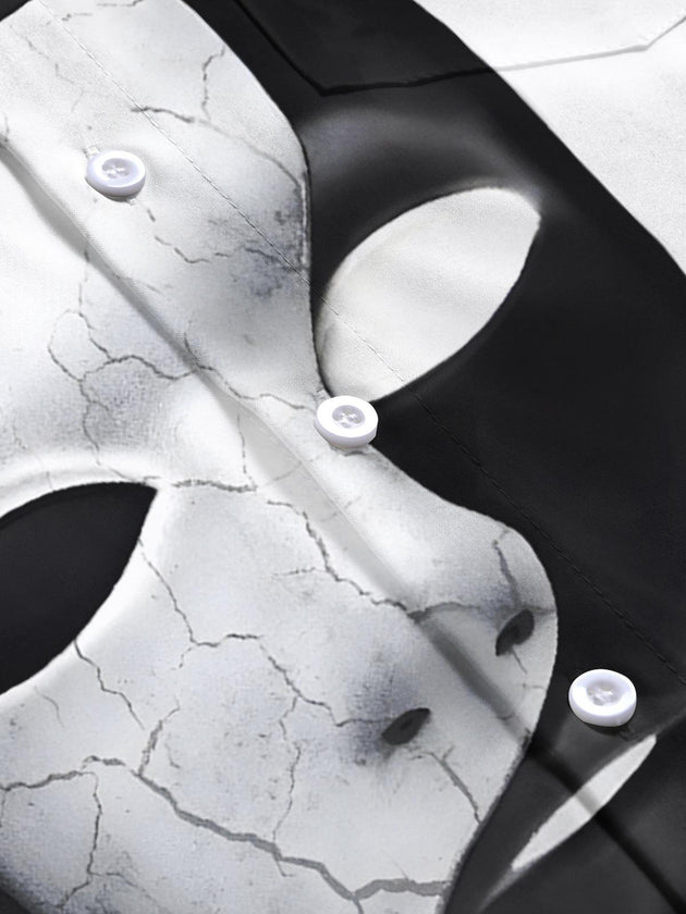 Men's black white mask print short sleeve shirt detail view