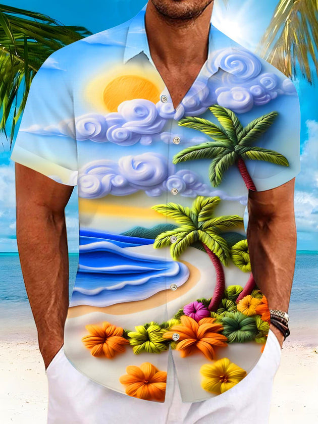 Men's Hawaiian palm tree floral short sleeve shirt front view for beach vacation