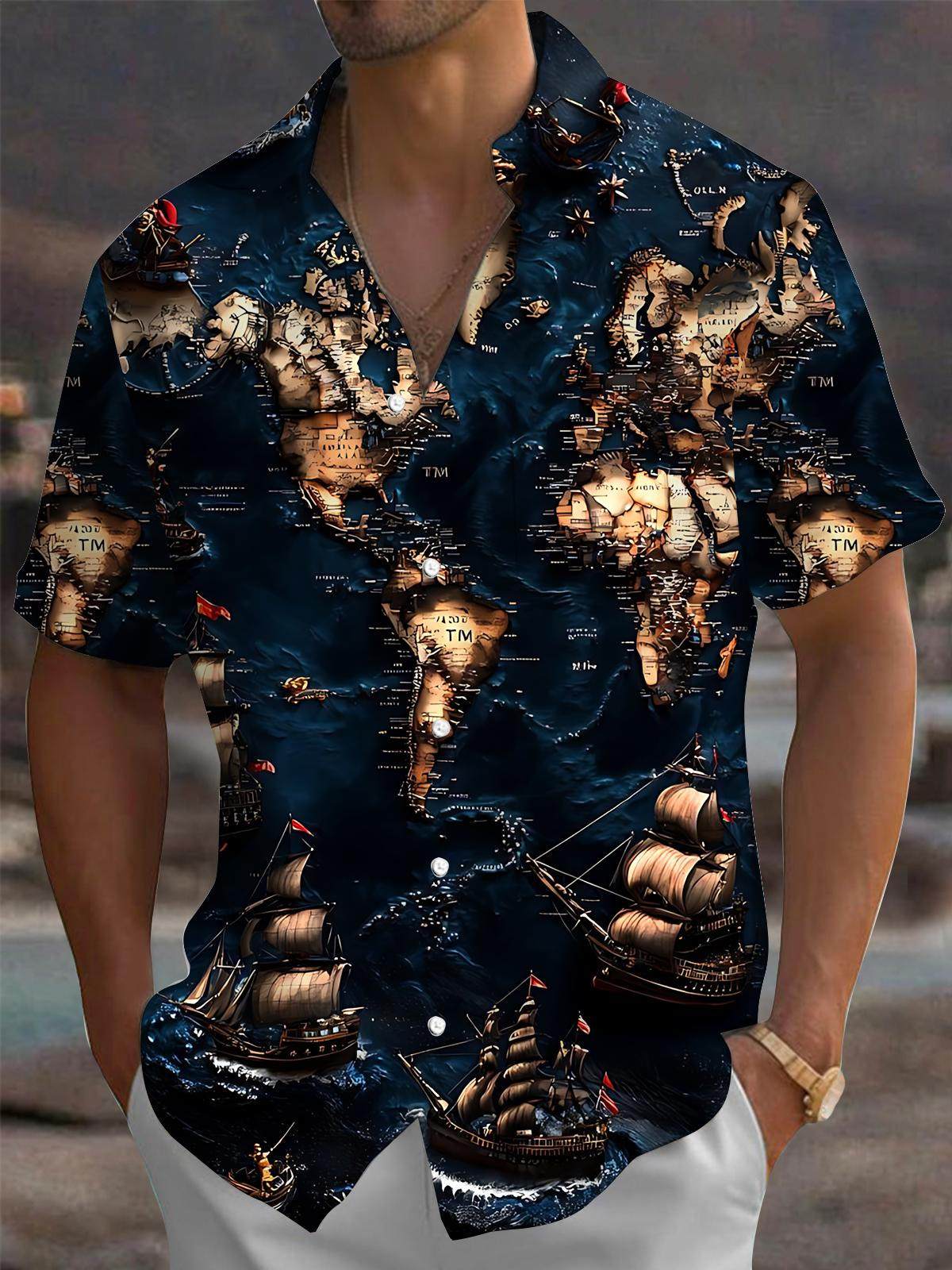 Vintage Nautical Boat Map Print Men's Pocket Short Sleeve Shirts