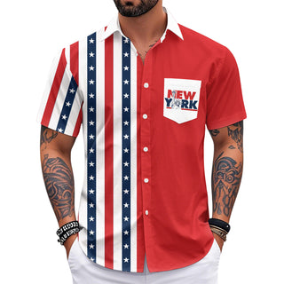 Men's Hawaiian casual short sleeve shirt with American flag print at park celebration for Independence Day
