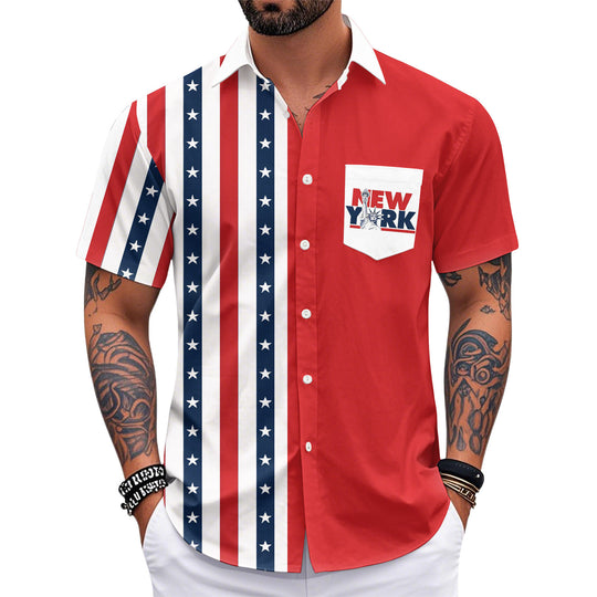Men's Hawaiian casual short sleeve shirt with American flag print at park celebration for Independence Day