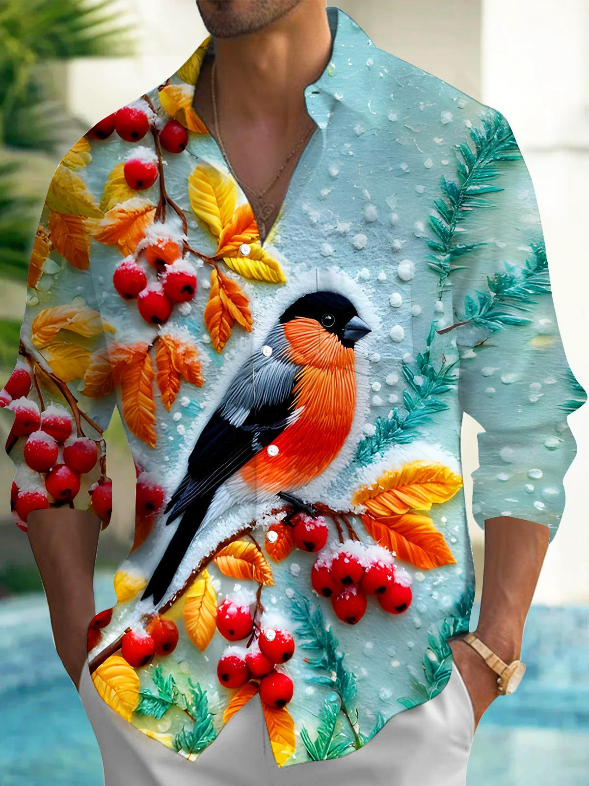 Winter Snow Scene Bird Men's Pocket Long Sleeve Shirts